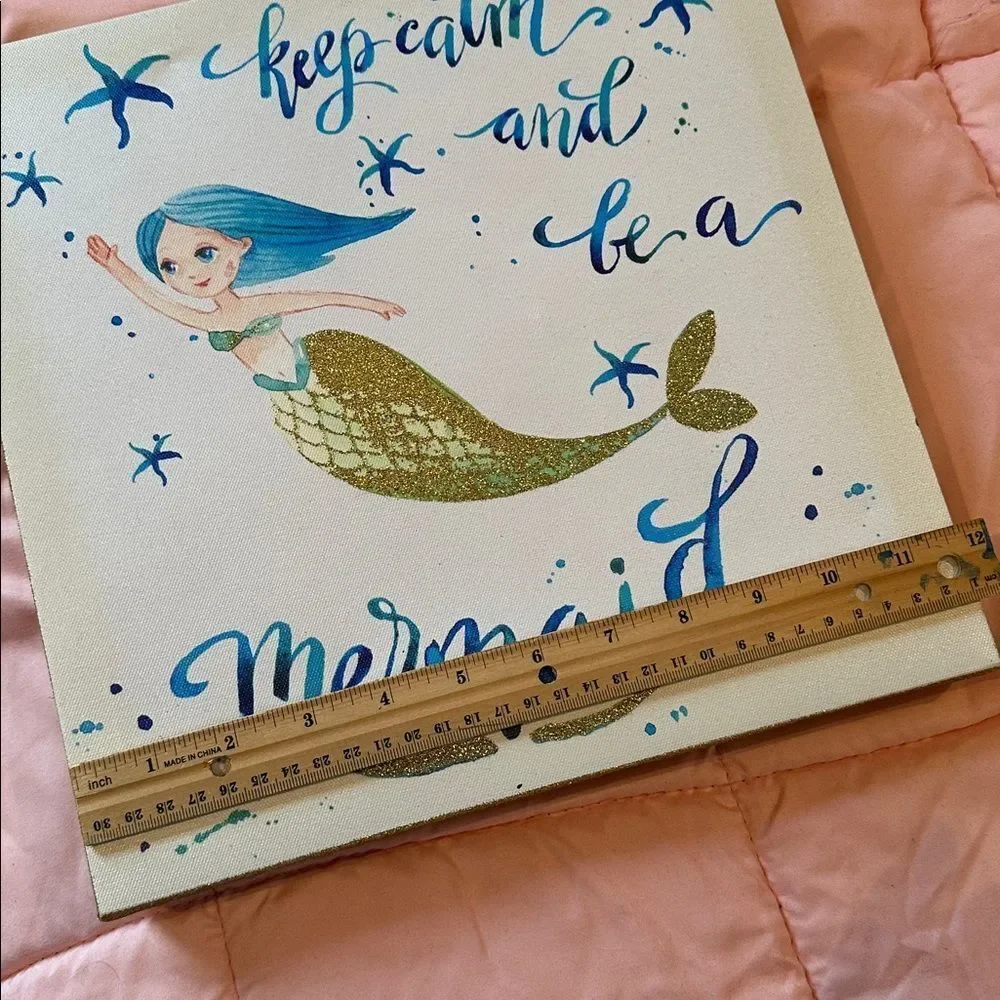 Art Mermaid Wrapped Canvas Wall Art Glitter Sides 12” x 12” Beach Coastal